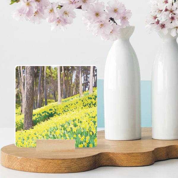Daffodil Woods Mini Ceramic Tile Art - Easter Gift For Mum or Grandma