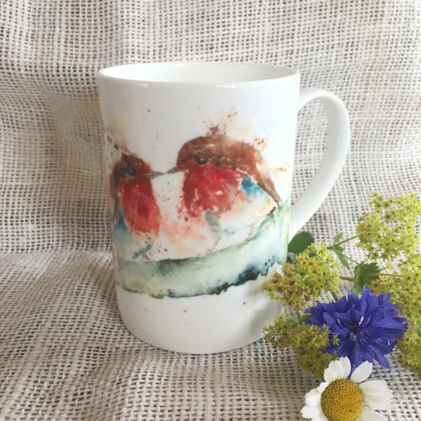 Robins Kiss Watercolour Bone China Mug, China Cup, Wildlife Art Mug by Watercolo