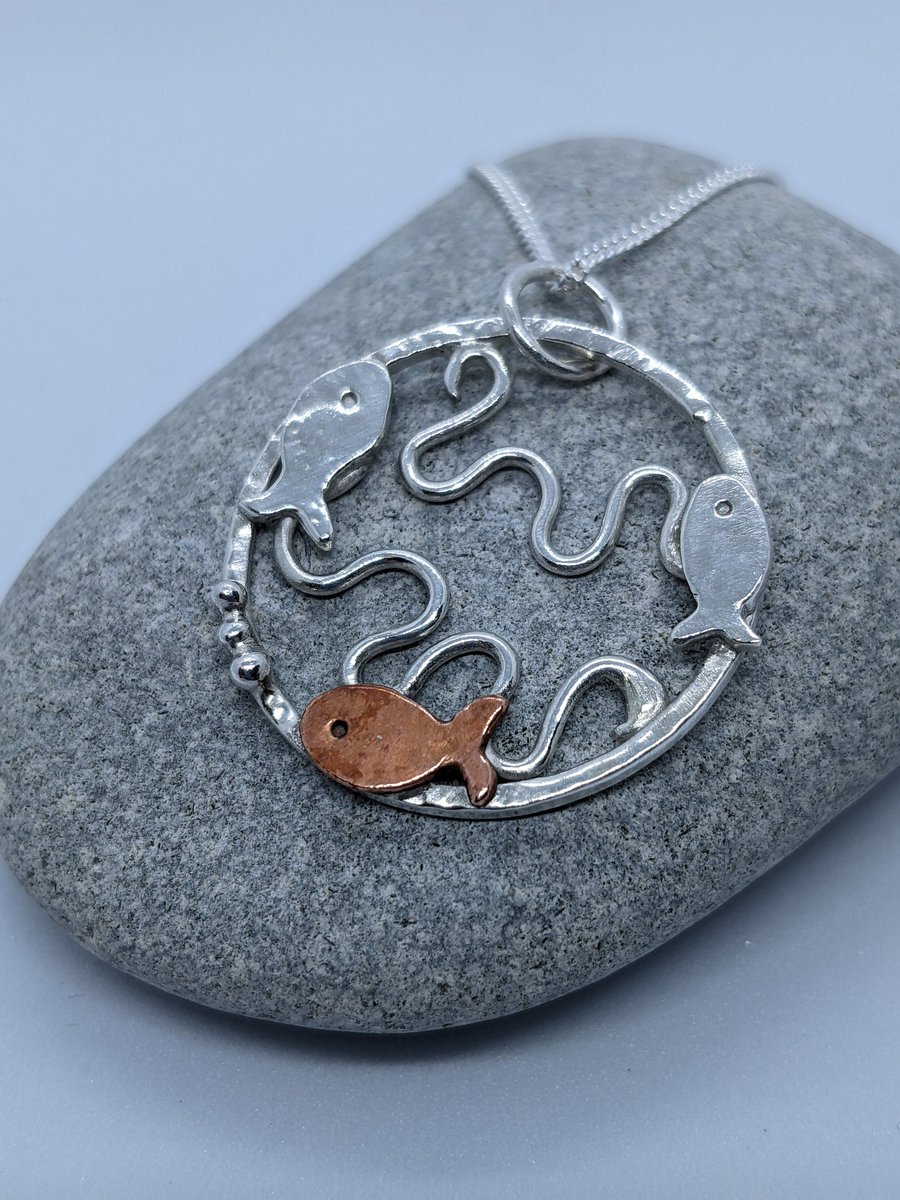 Silver fish pendant, Handmade sea theme necklace, Copper fish necklace