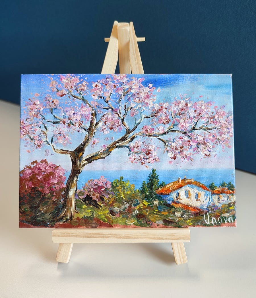 Blooming Sakura Original Oil Painting Cherry tree Mediterranean coast Seascape