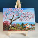 Blooming Sakura Original Oil Painting Cherry tree Mediterranean coast Seascape
