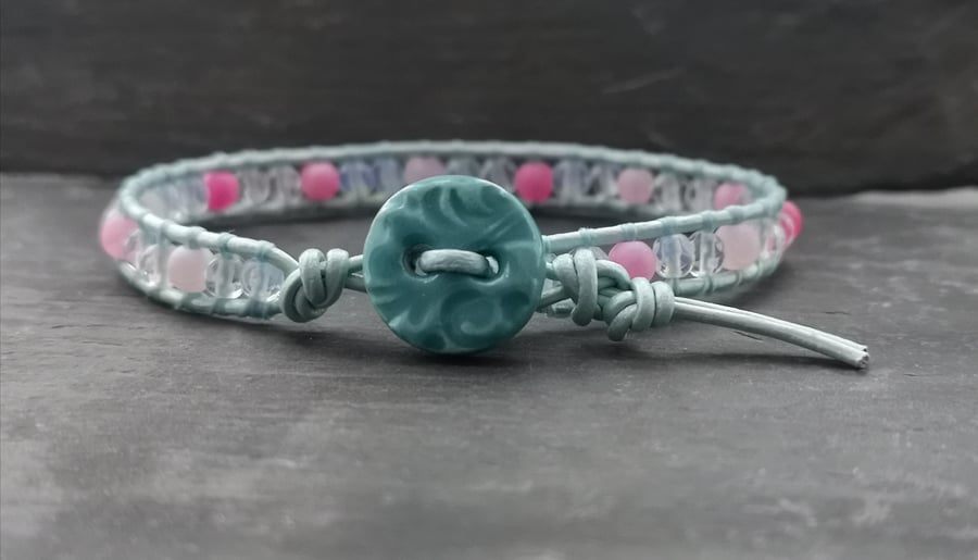 Pale aqua and pink leather and gemstone bracelet with ceramic button 