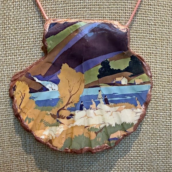 Vintage railway poster Lake District shell necklace 