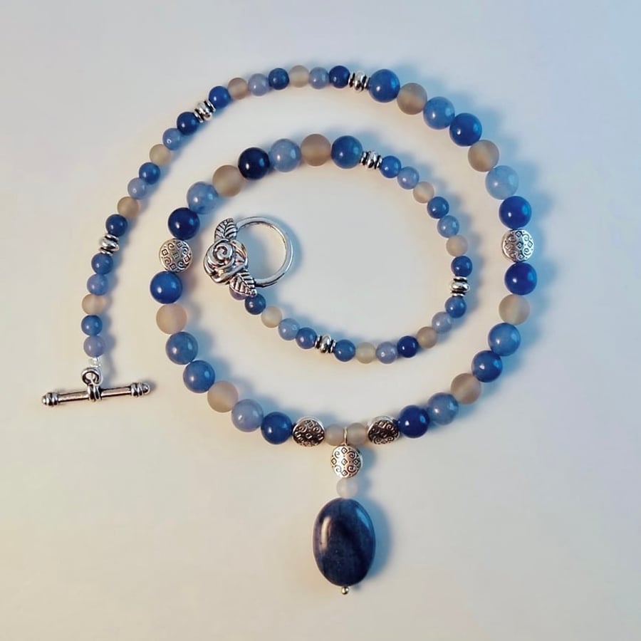 Blue Aventurine Necklace With Grey Agate - Handmade In Devon