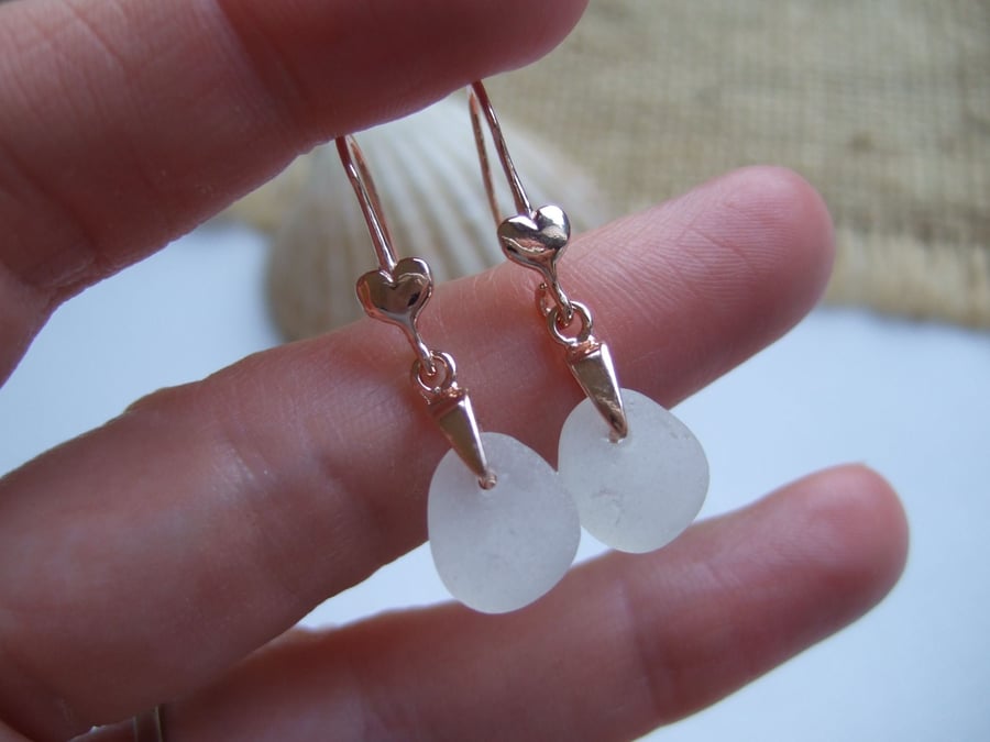 Scottish sea glass earrings, 18K rose gold on sterling silver white sea glass