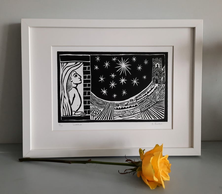Lino print, self-isolation, castle, imaginary, stars