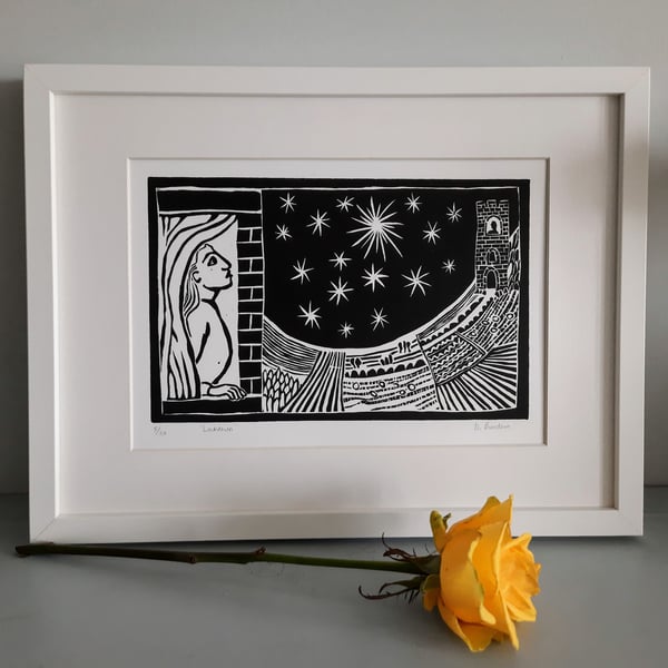 Lino print, self-isolation, castle, imaginary, stars