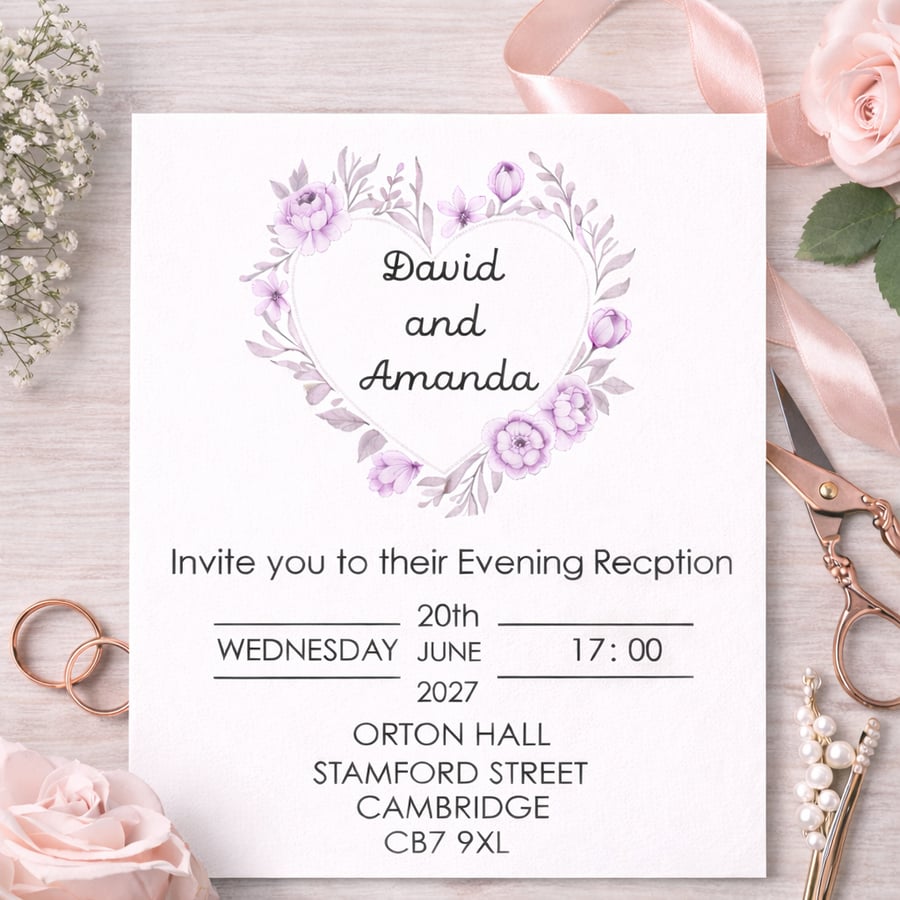 Personalised Evening Wedding Invitation  Lilac Love Heart