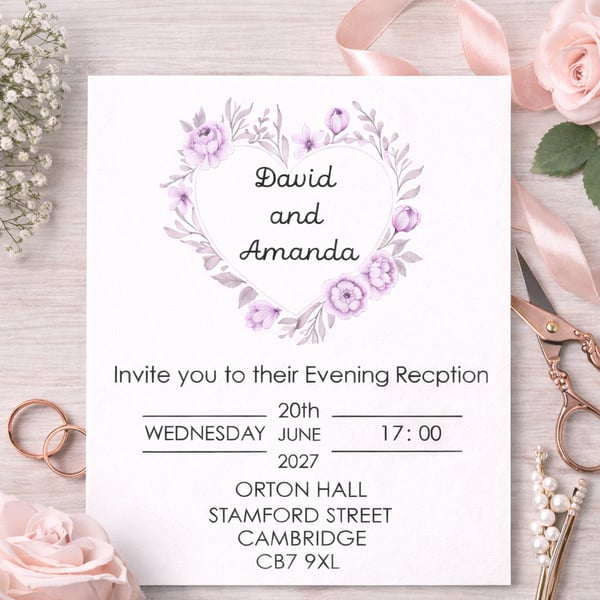 Personalised Evening Wedding Invitation  Lilac Love Heart