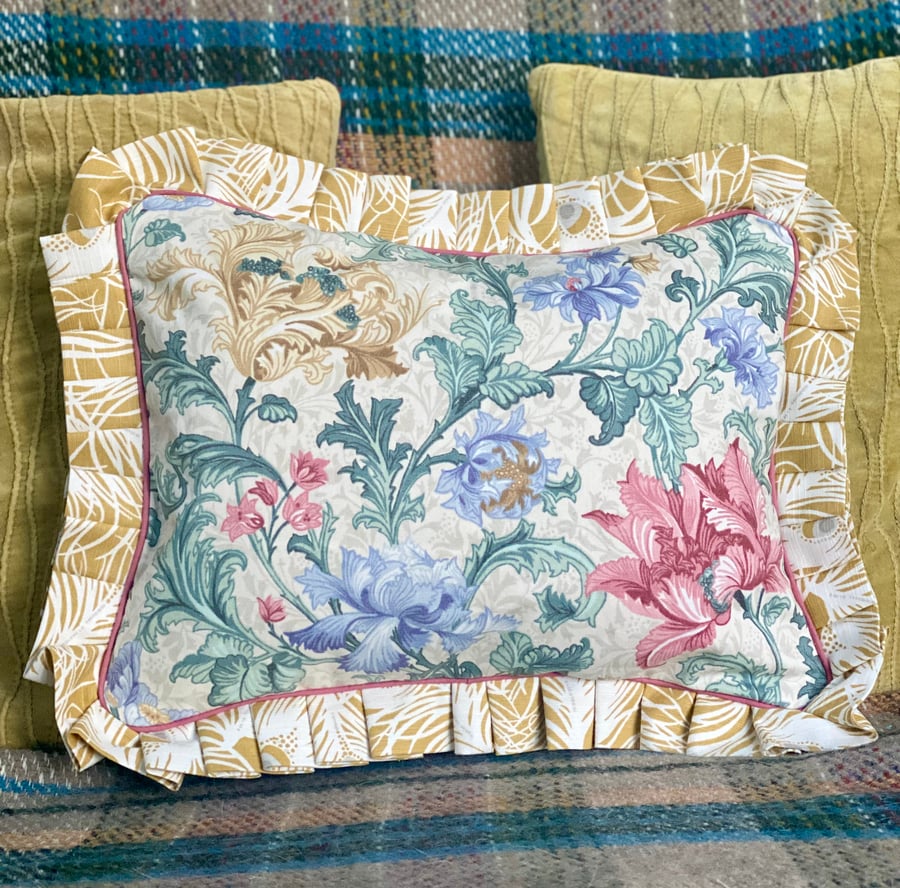 Rectangular Vintage floral ruffle cushion, vintage Jonelle oblong frill pillow
