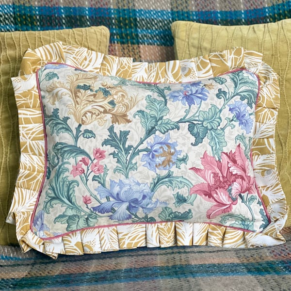Rectangular Vintage floral ruffle cushion, vintage Jonelle oblong frill pillow