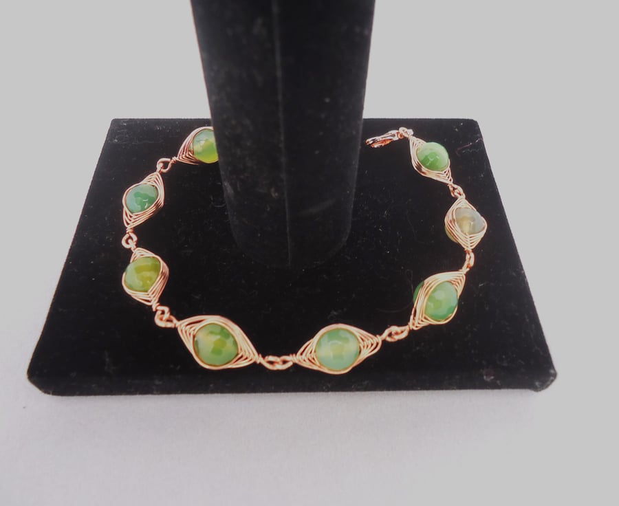 Wire Wrapped Agate Bracelet, Herringbone Wirework Bracelet, Green Agate 