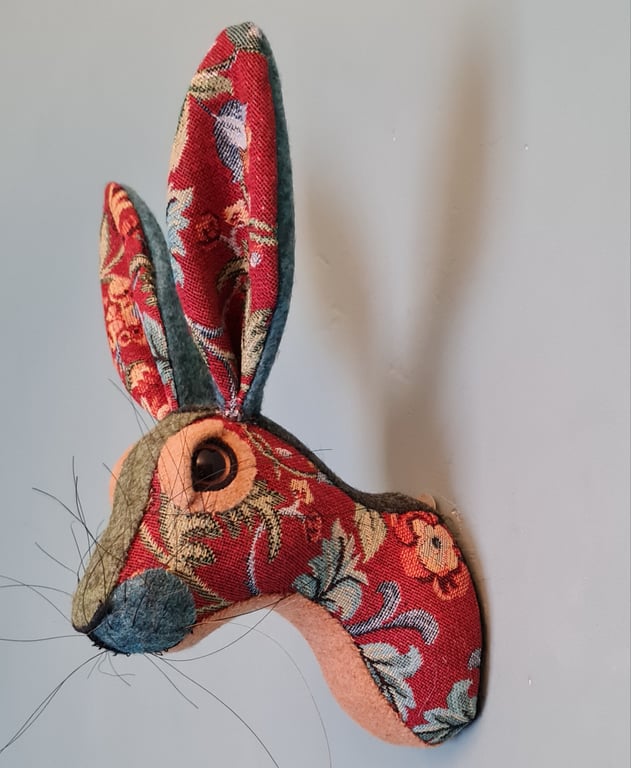 Faux hare head wall mount in floral tapestry fabric- Hattie