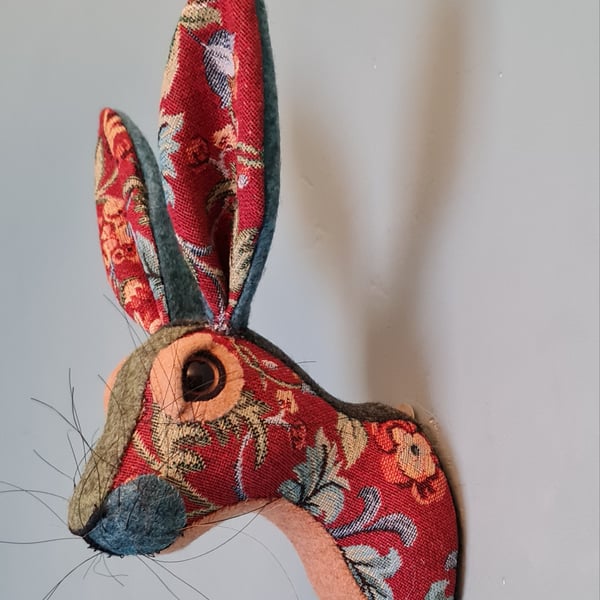 Faux hare head wall mount in floral tapestry fabric- Hattie