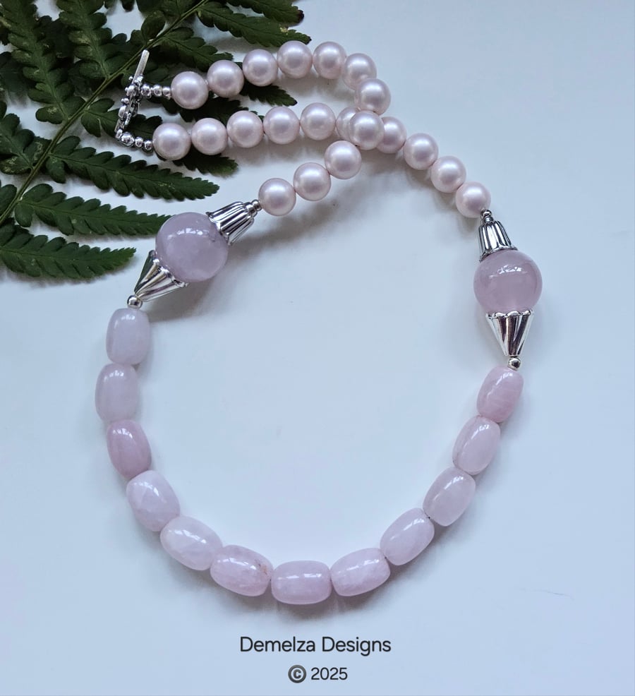 Designer Statement Natural Untreated Rose Quartz & Shell Pearl Necklace.