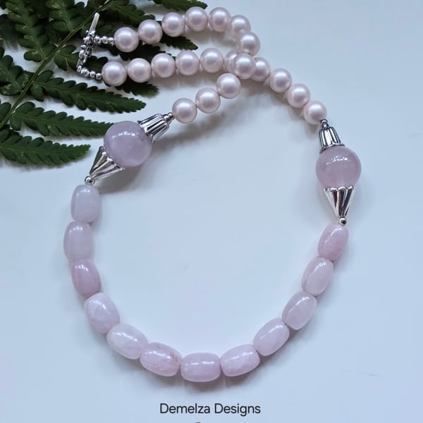 Designer Statement Natural Untreated Rose Quartz & Shell Pearl Necklace.