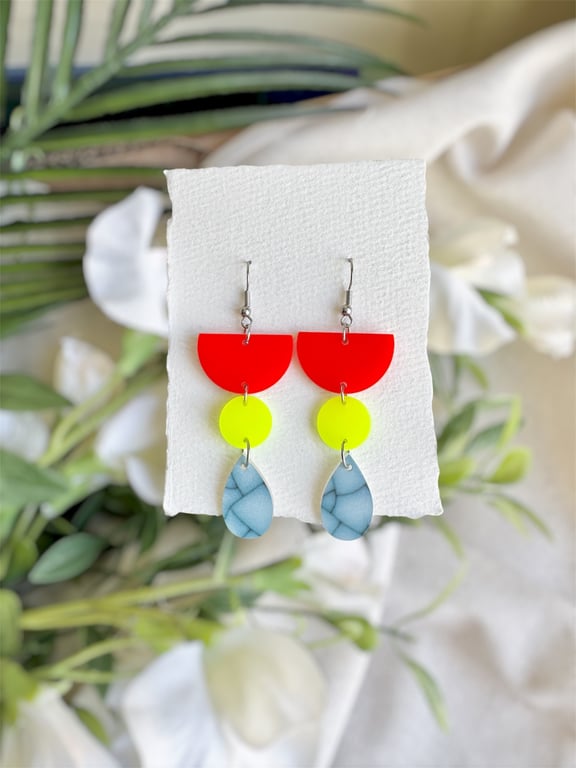 Bright Loud Acrylic three tier Drop Earrings