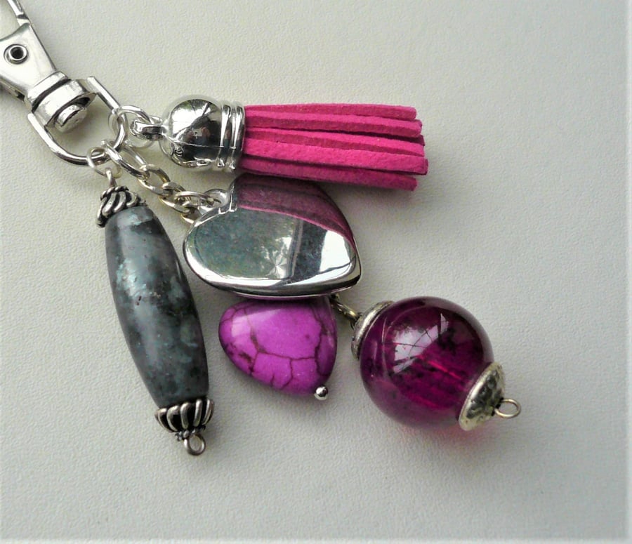 Hot Pink and Silver Heart Tassel Bag Charm  KCJKY911