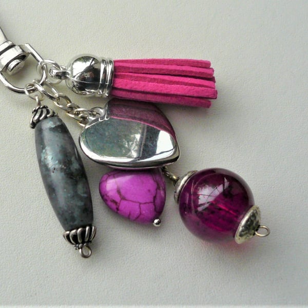 Hot Pink and Silver Heart Tassel Bag Charm  KCJKY911