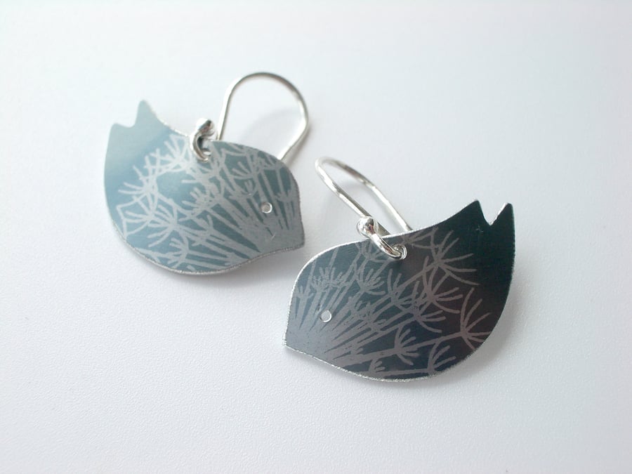 Bird earrings with dandelion clock seed print in grey and silver