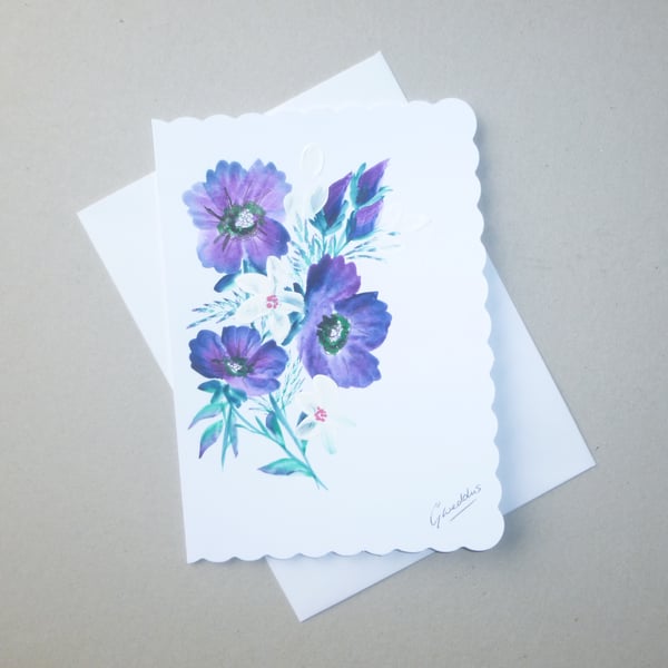 original art hand painted floral greetings card ( ref FA 118 E5 )