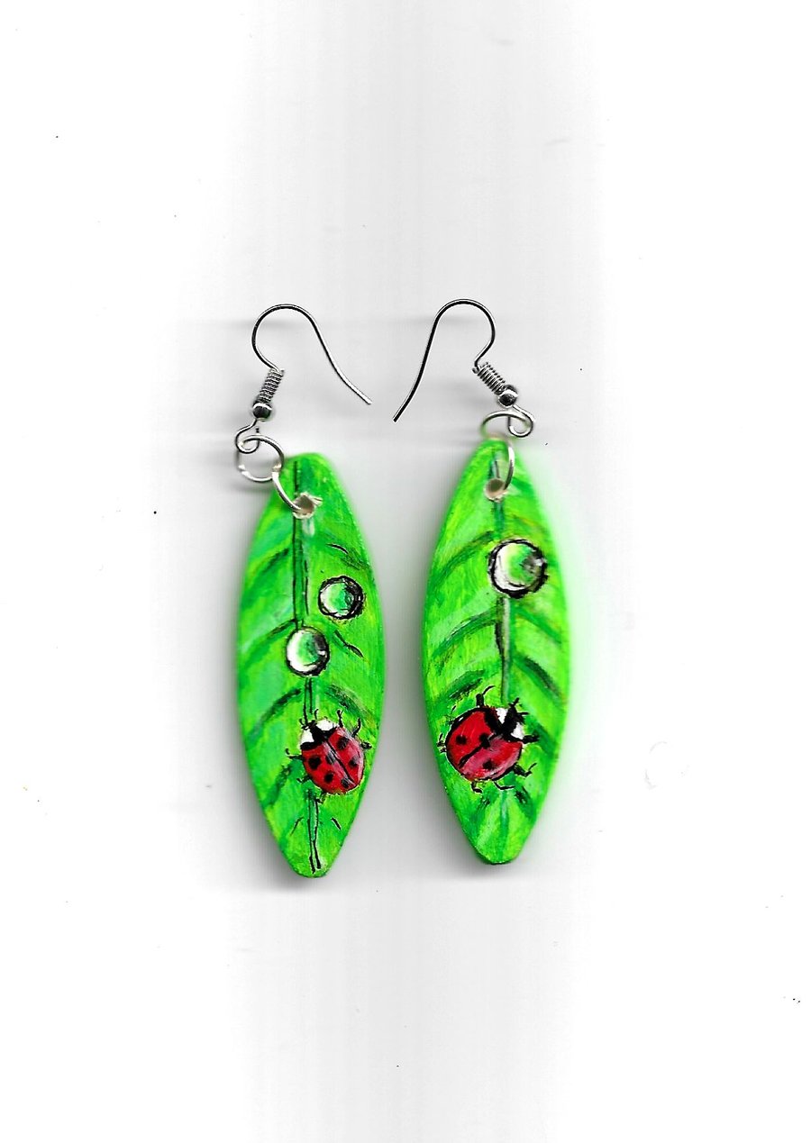  Ladybird and Green Leaf Wooden hand painted earrings.