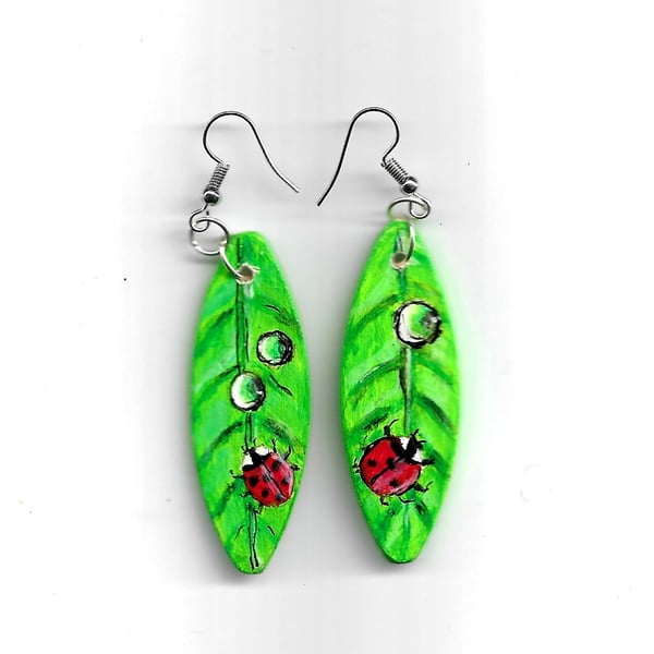  Ladybird and Green Leaf Wooden hand painted earrings.