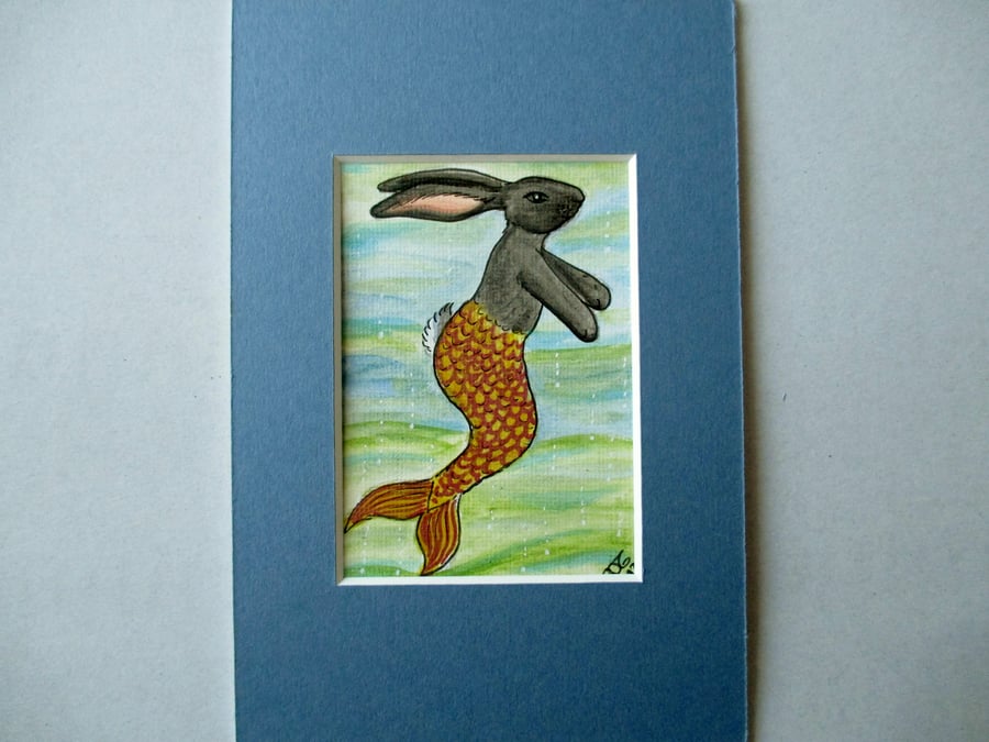 SALE Merbunny Mermaid Bunny Rabbit ACEO original miniature painting in mount