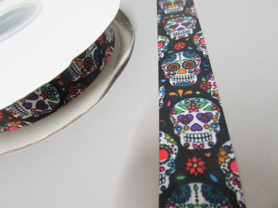 Black Sugar Skull Day of the Dead Calaveras Satin Ribbon x 1 metre available in 