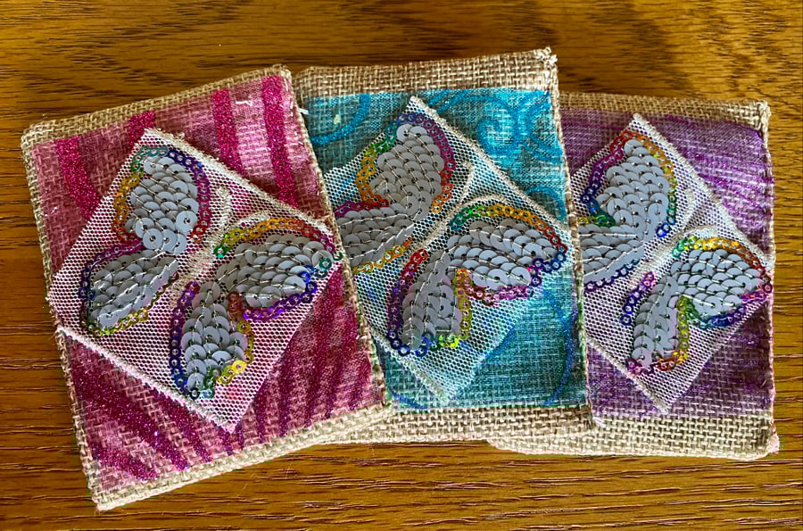 Set Of 3 Hand-Sewn Lavender Bags With Organza and Sequinned Butterfly.