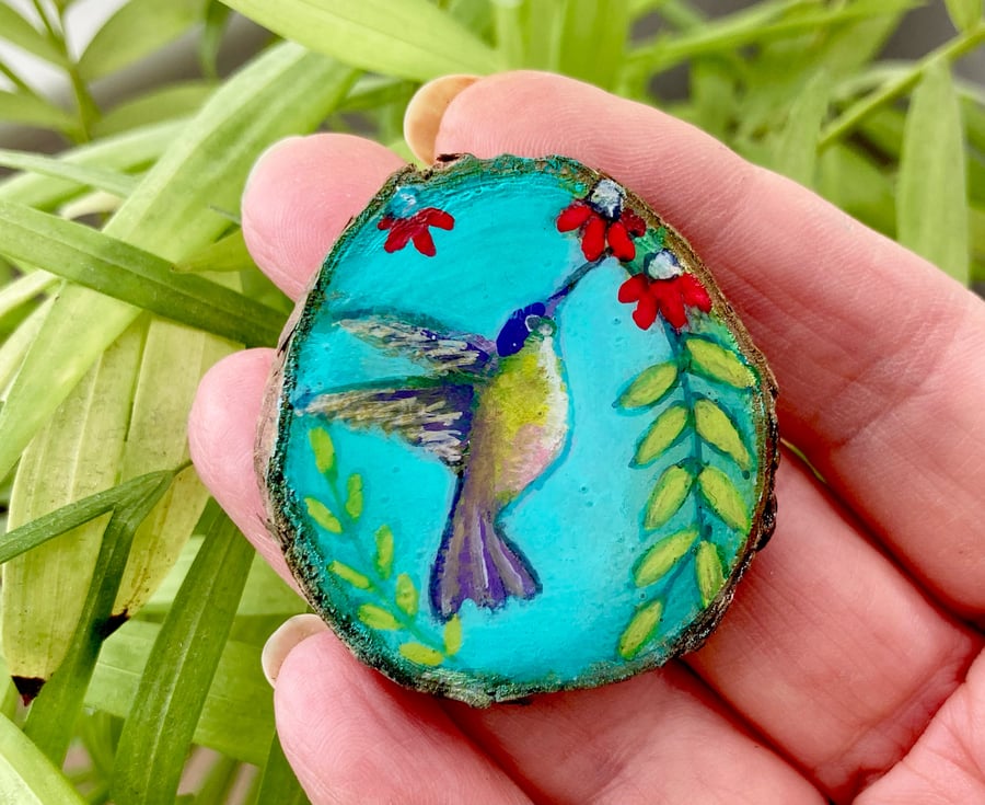 Hummingbird Brooch Pin Hand Painted Wood Slice Gift