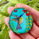 Hummingbird Brooch Pin Hand Painted Wood Slice Gift
