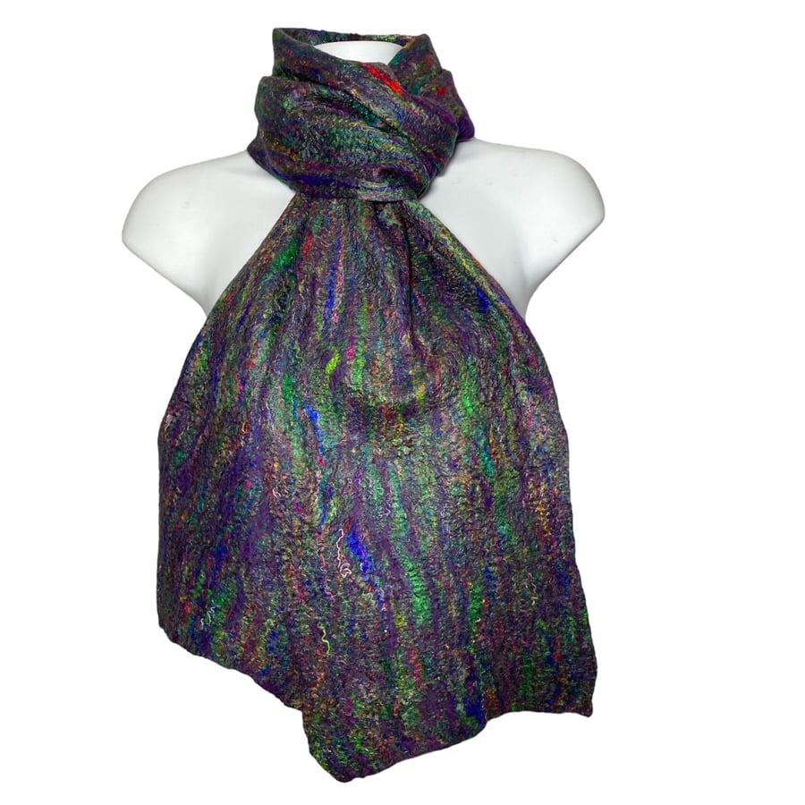 Purple merino wool and multicolooured silk felted scarf 