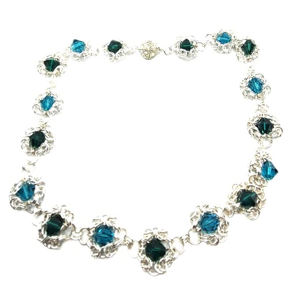 Silver plated chainmaille necklace with Swarovski crystals