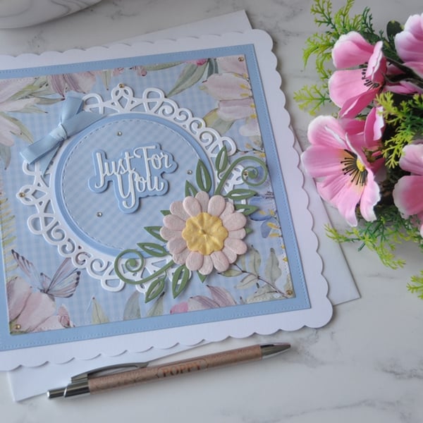 Just for You Birthday Blue Pink Yellow Daisy Flower 3D Luxury Handmade Card