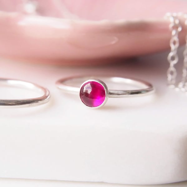 July Birthstone Ring - Lab Ruby Cabochon RIng