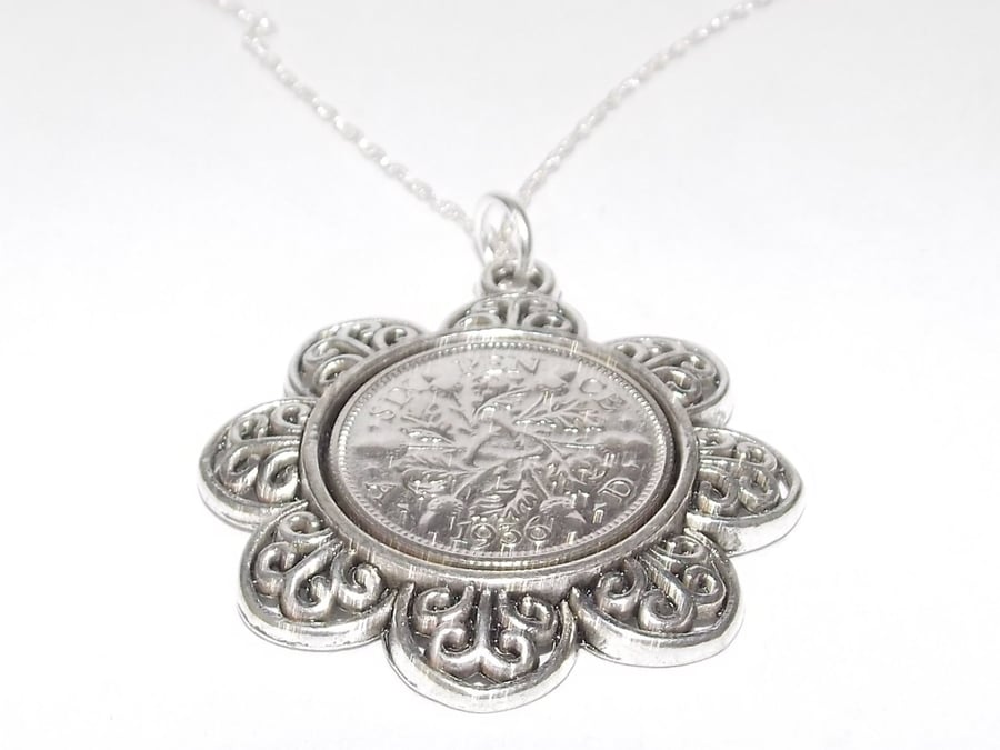 Floral Pendant 1937 Lucky sixpence 83rd Birthday plus Sterling Silver 22in Chain