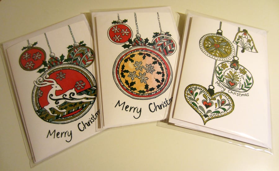 Pack of 6 A6 mixed bauble design cards