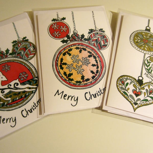 Pack of 6 A6 mixed bauble design cards