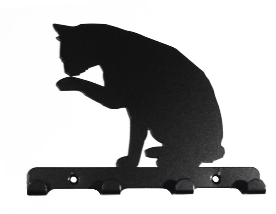 Cat Sitting & Licking its Paw Silhouette Steel Key Hook Rack - metal wall art