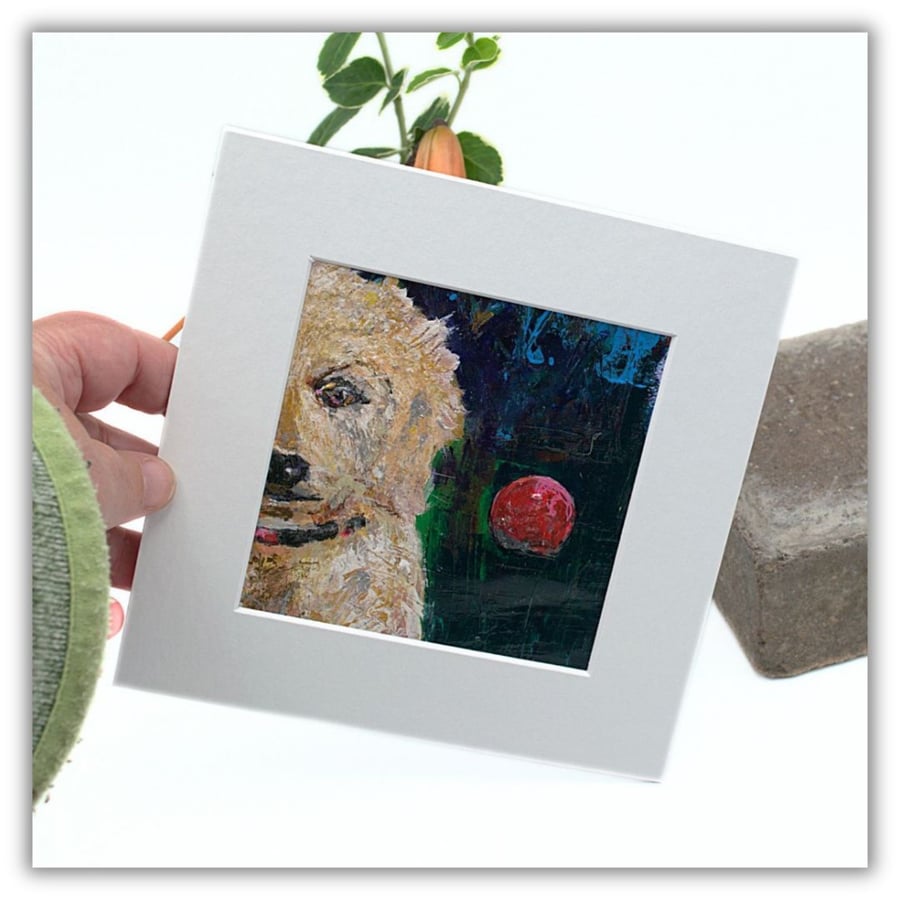 A small mounted original painting - dog with ball painting - acrylic painting