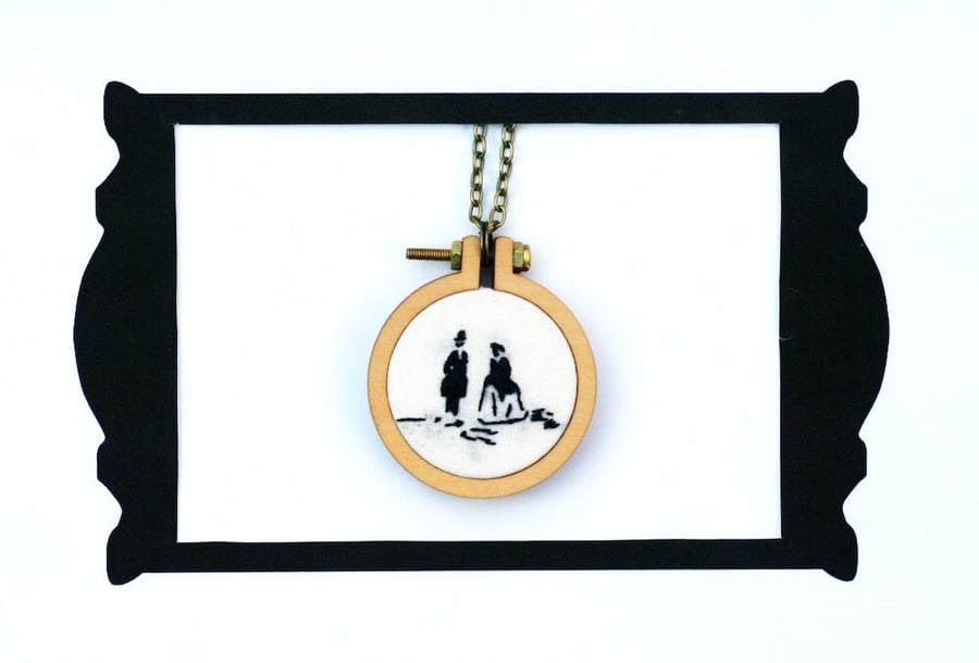Victorian couple silhouette mini hoop hand embroidered necklace