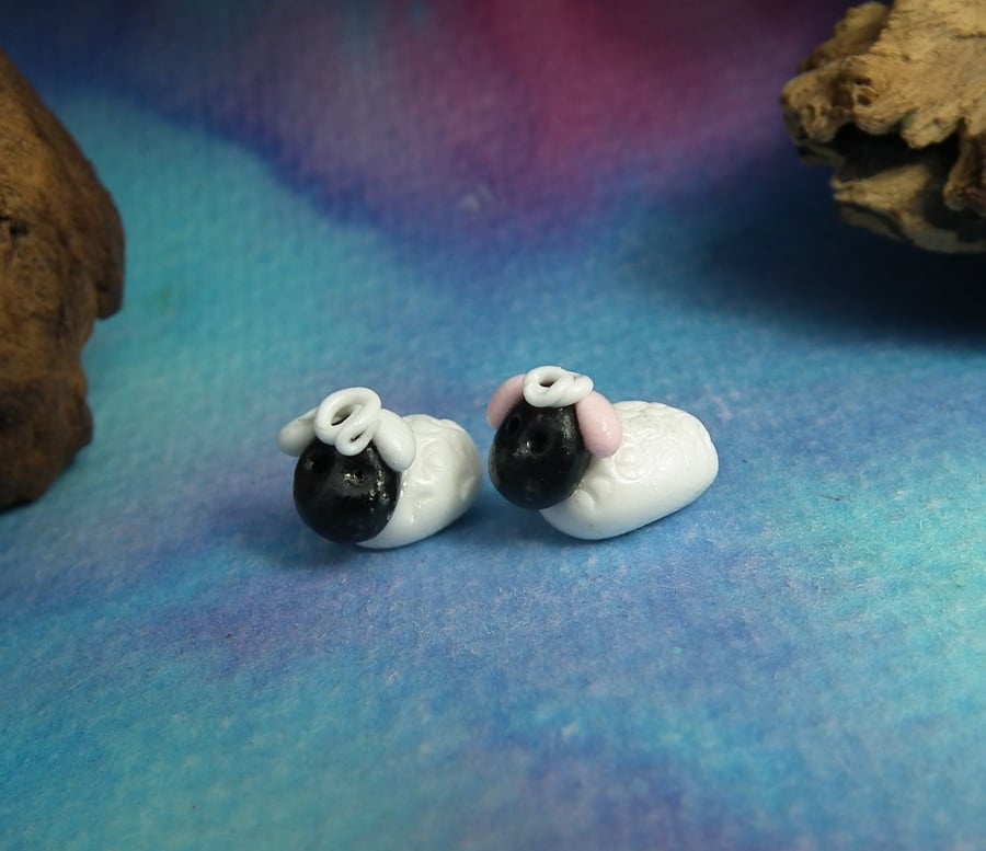 Pair of tiny lambs sheep .5" sheep OOAK Sculpt by Ann Galvin Gnome Village