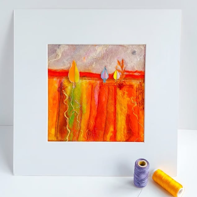 Felt and textile landscape, original framed art, named Bright fields