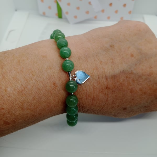 Heart charm Bracelet Sterling silver , green aventurine , cubic ziconia
