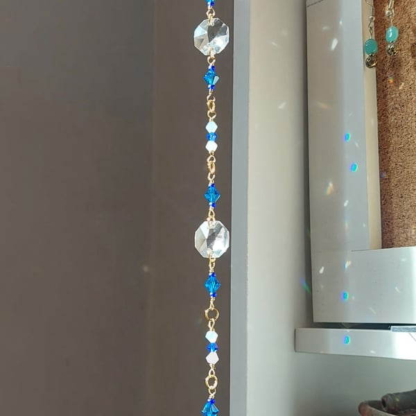 Blue and Clear Glass Brass Suncatcher Wall Hanging Decoration