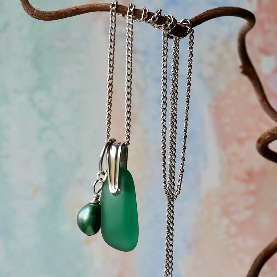 Dark Green Seaglass Nugget with Pearl Charm and a Sterling Silver Chain and Bail