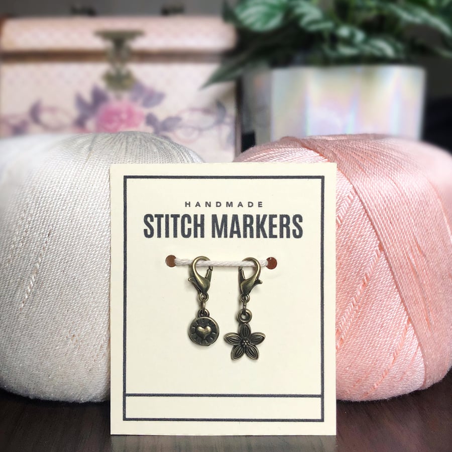 Set of 2 Stitch Markers, Progress Keepers, Antique Bronze Charms