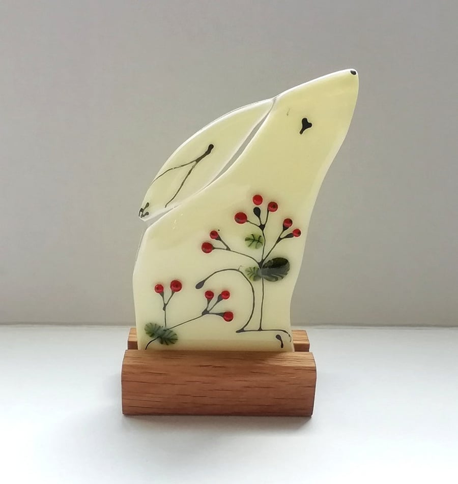 Winter moongazing hare, fused glass hare, folk art, birthday gift, glass art.
