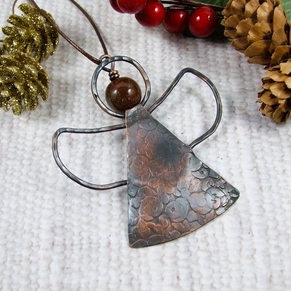 Angel Hanging Decoration. Copper with Fire Agate Gemstone